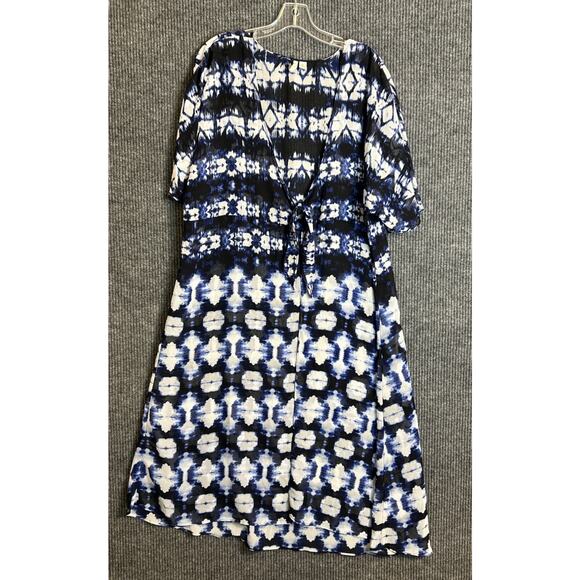 Cato Womens Duster Long Blouse Size XL Blue White Sheer Tie Front Cover Up Boho - Picture 1 of 8
